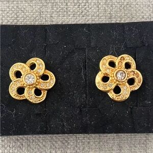 Vintage Christian Dior Camellia Rose Flower Rhinestone 14k Gold Post Earrings
